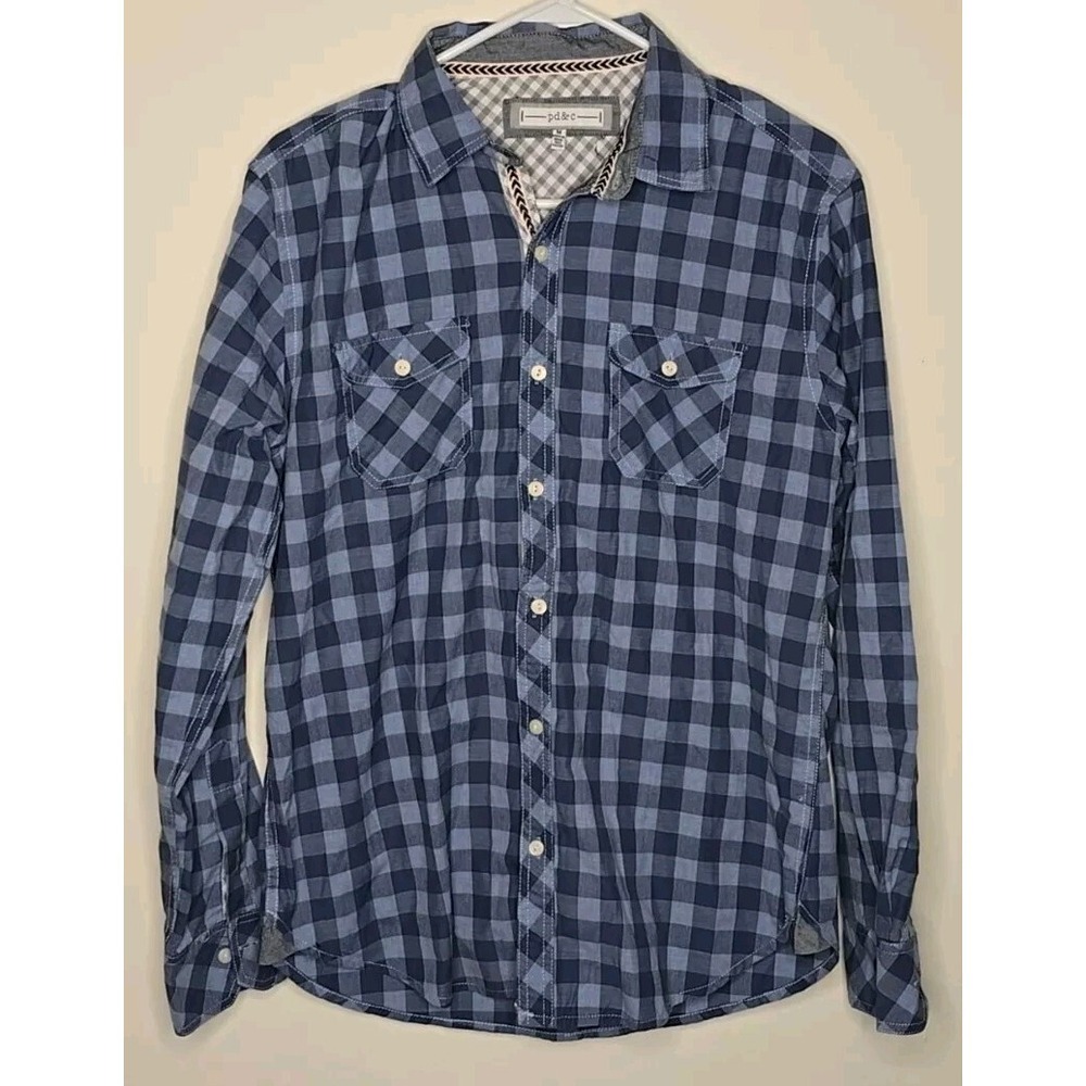 PD&C Shirt Mens Medium Button Up Collard Blue Check Long‎ Sleeve 100% Cotton